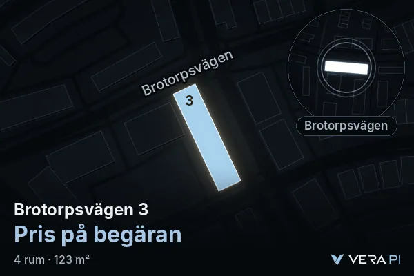 VERA PI:s bild av Brotorpsvägen 3: huset i 3D, upplyst i blått, och kartan runt omkring