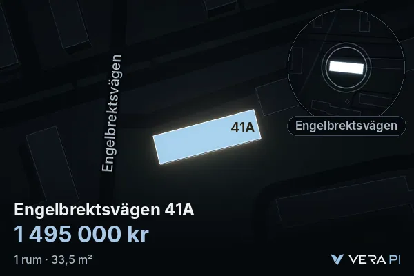 VERA PI's image of Engelbrektsvägen 41A: the building in 3D, lit in blue, and the map around it
