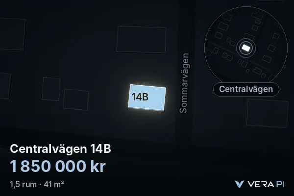 VERA PI's image of Centralvägen 14B: the building in 3D, lit in blue, and the map around it