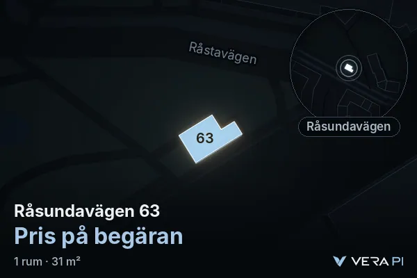 VERA PI:s bild av Råsundavägen 63: huset i 3D, upplyst i blått, och kartan runt omkring