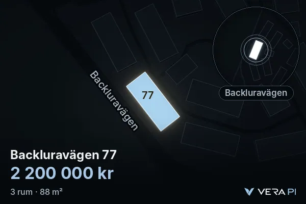 VERA PI:s bild av Backluravägen 77: huset i 3D, upplyst i blått, och kartan runt omkring