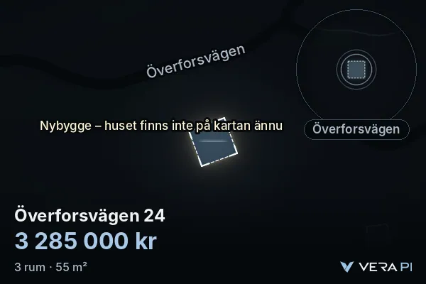 VERA PI:s bild av Överforsvägen 24: huset i 3D, upplyst i blått, och kartan runt omkring