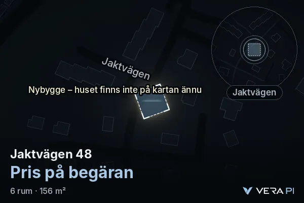 VERA PI's image of Jaktvägen 48: the building in 3D, lit in blue, and the map around it