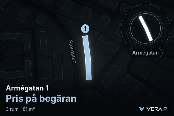 VERA PI:s bild av Armégatan 1: huset i 3D, upplyst i blått, och kartan runt omkring