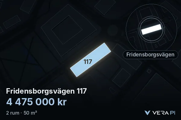VERA PI's image of Fridensborgsvägen 117: the building in 3D, lit in blue, and the map around it