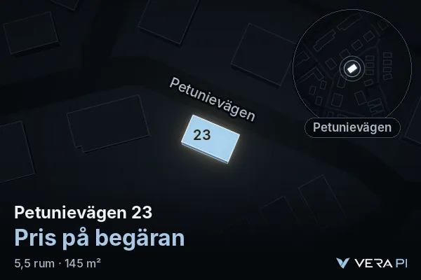 VERA PI's image of Petunievägen 23: the building in 3D, lit in blue, and the map around it