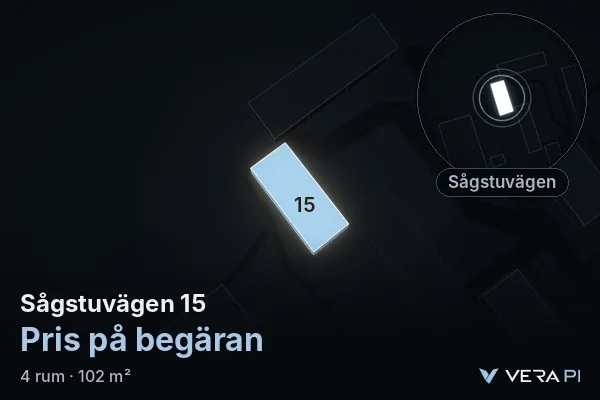 VERA PI:s bild av Sågstuvägen 15: huset i 3D, upplyst i blått, och kartan runt omkring