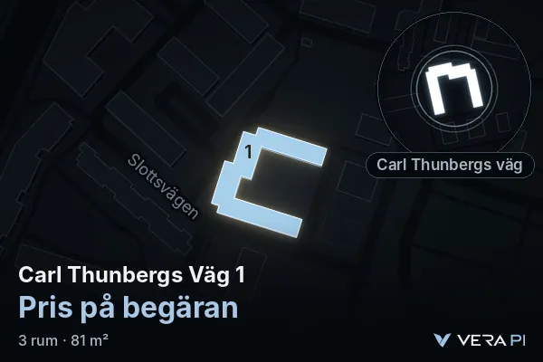 VERA PI's image of Carl Thunbergs Väg 1: the building in 3D, lit in blue, and the map around it