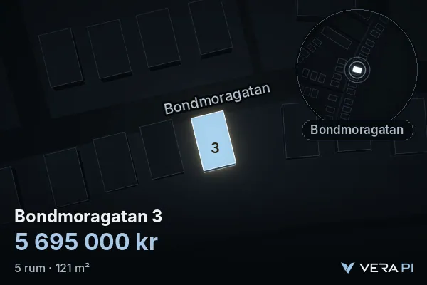 VERA PI:s bild av Bondmoragatan 3: huset i 3D, upplyst i blått, och kartan runt omkring