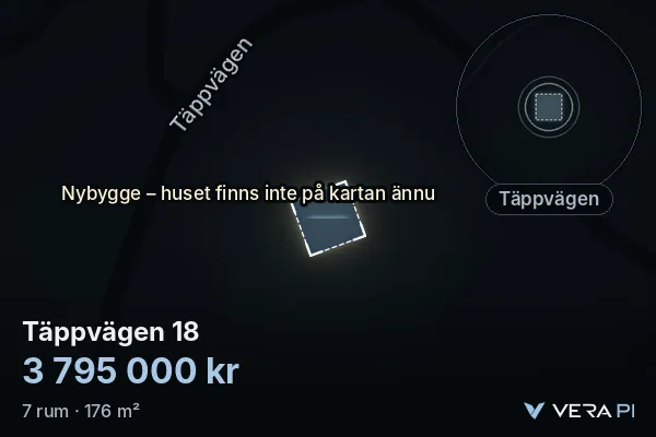 VERA PI:s bild av Täppvägen 18: huset i 3D, upplyst i blått, och kartan runt omkring