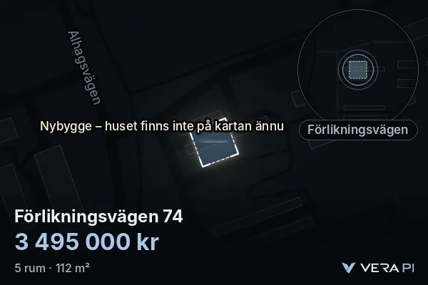 VERA PI's image of Förlikningsvägen 74: the building in 3D, lit in blue, and the map around it