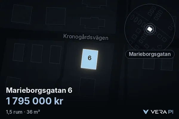 VERA PI:s bild av Marieborgsgatan 6: huset i 3D, upplyst i blått, och kartan runt omkring