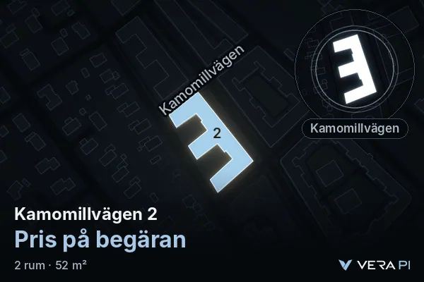 VERA PI's image of Kamomillvägen 2: the building in 3D, lit in blue, and the map around it