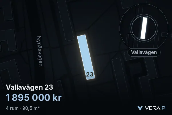 VERA PI:s bild av Vallavägen 23: huset i 3D, upplyst i blått, och kartan runt omkring