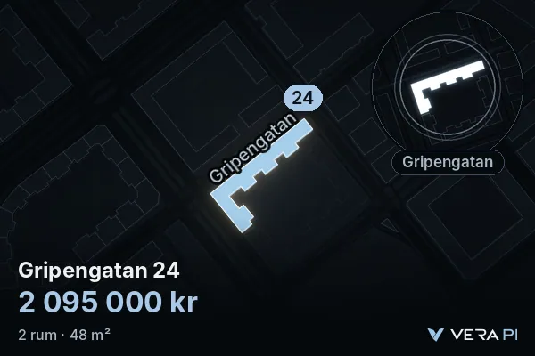 VERA PI's image of Gripengatan 24: the building in 3D, lit in blue, and the map around it