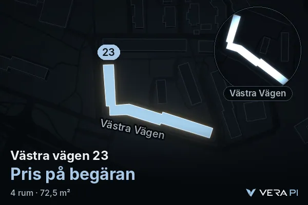 VERA PI:s bild av Västra vägen 23: huset i 3D, upplyst i blått, och kartan runt omkring
