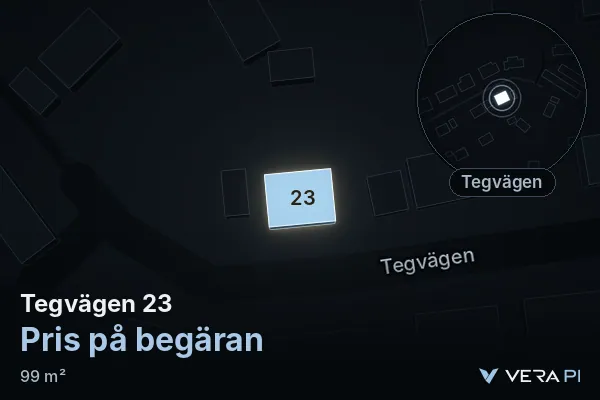 VERA PI:s bild av Tegvägen 23: huset i 3D, upplyst i blått, och kartan runt omkring