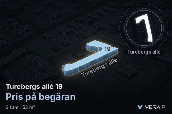 VERA PI's image of Turebergs allé 19: the building in 3D, lit in blue, and the map around it