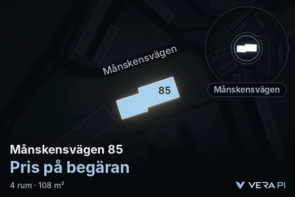 VERA PI's image of Månskensvägen 85: the building in 3D, lit in blue, and the map around it