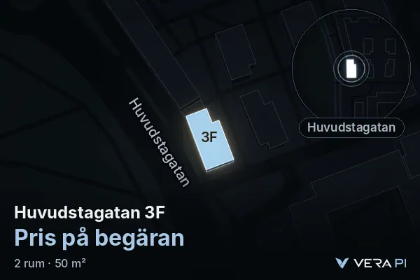 VERA PI:s bild av Huvudstagatan 3F: huset i 3D, upplyst i blått, och kartan runt omkring