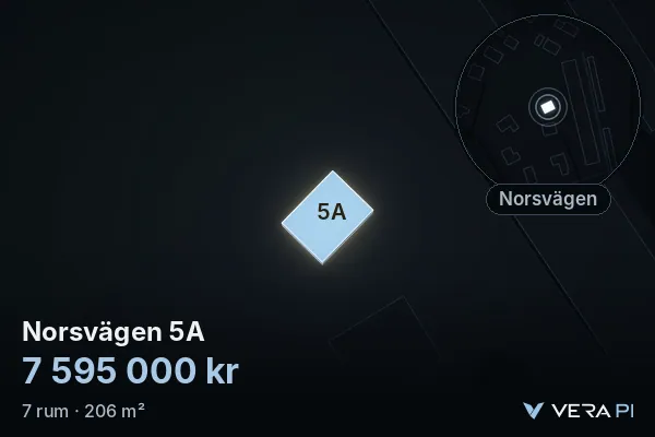 VERA PI's image of Norsvägen 5A: the building in 3D, lit in blue, and the map around it