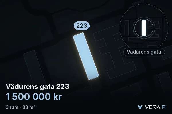 VERA PI:s bild av Vädurens gata 223: huset i 3D, upplyst i blått, och kartan runt omkring