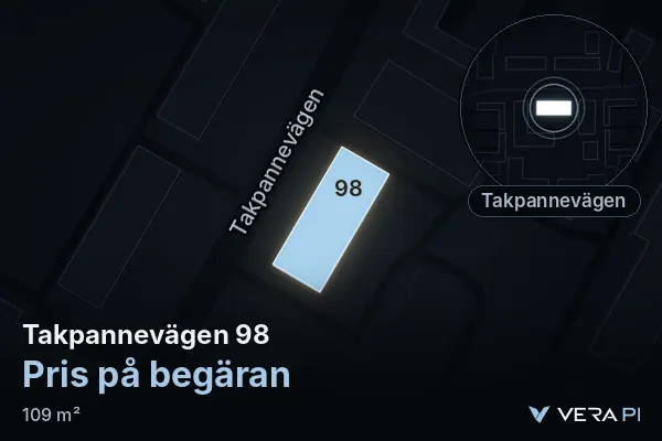 VERA PI:s bild av Takpannevägen 98: huset i 3D, upplyst i blått, och kartan runt omkring