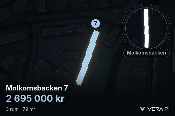 VERA PI:s bild av Molkomsbacken 7: huset i 3D, upplyst i blått, och kartan runt omkring
