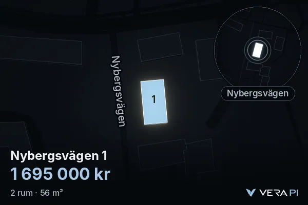 VERA PI's image of Nybergsvägen 1: the building in 3D, lit in blue, and the map around it
