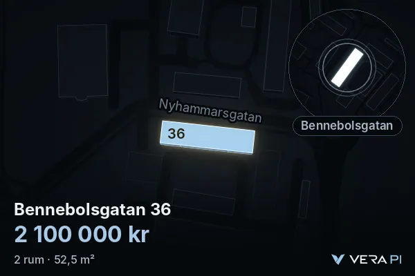 VERA PI:s bild av Bennebolsgatan 36: huset i 3D, upplyst i blått, och kartan runt omkring