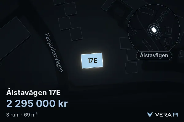 VERA PI's image of Ålstavägen 17E: the building in 3D, lit in blue, and the map around it