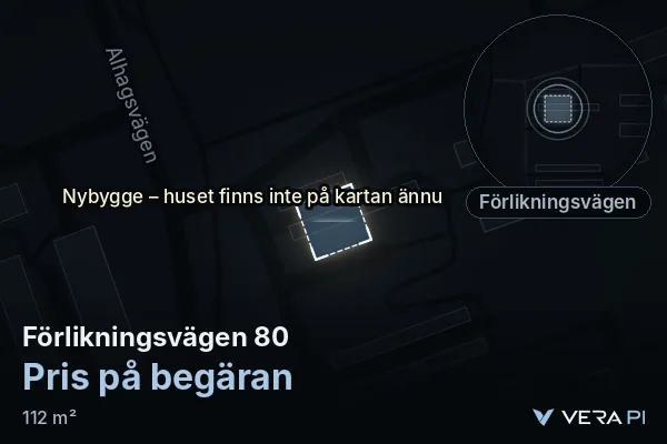 VERA PI's image of Förlikningsvägen 80: the building in 3D, lit in blue, and the map around it