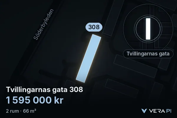 VERA PI's image of Tvillingarnas gata 308: the building in 3D, lit in blue, and the map around it