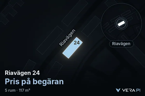 VERA PI:s bild av Riavägen 24: huset i 3D, upplyst i blått, och kartan runt omkring