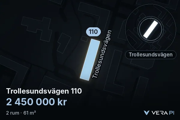 VERA PI:s bild av Trollesundsvägen 110: huset i 3D, upplyst i blått, och kartan runt omkring