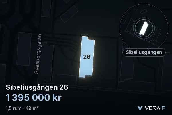 VERA PI:s bild av Sibeliusgången 26: huset i 3D, upplyst i blått, och kartan runt omkring