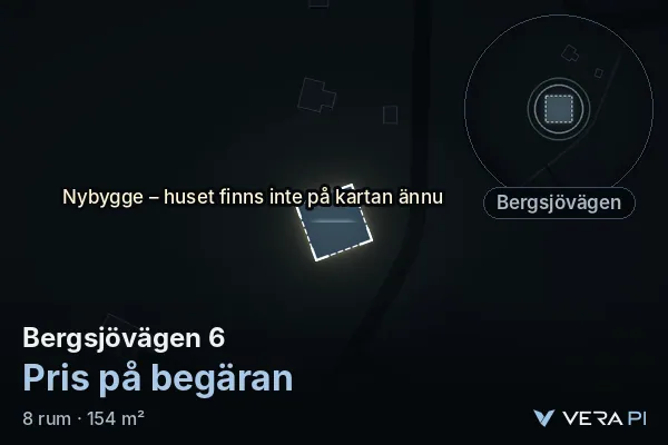 VERA PI:s bild av Bergsjövägen 6: huset i 3D, upplyst i blått, och kartan runt omkring