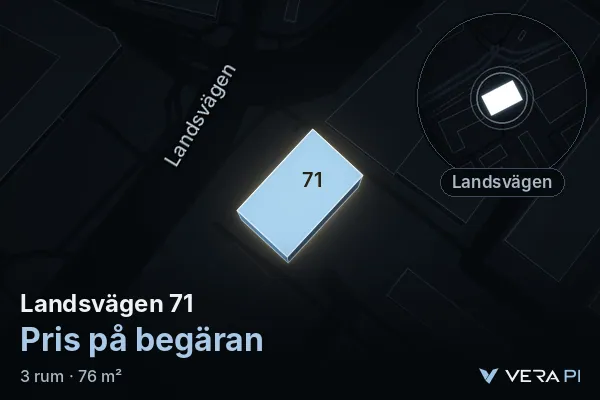 VERA PI:s bild av Landsvägen 71: huset i 3D, upplyst i blått, och kartan runt omkring