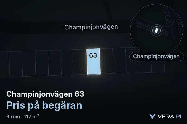 VERA PI:s bild av Champinjonvägen 63: huset i 3D, upplyst i blått, och kartan runt omkring