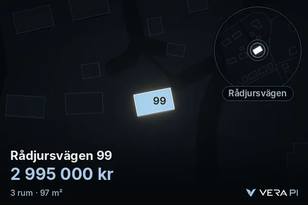 VERA PI's image of Rådjursvägen 99: the building in 3D, lit in blue, and the map around it