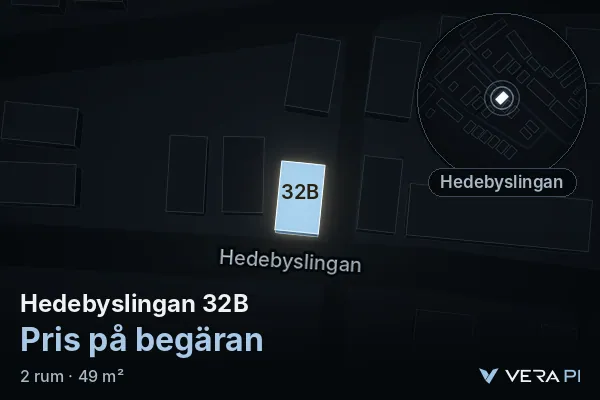 VERA PI's image of Hedebyslingan 32B: the building in 3D, lit in blue, and the map around it