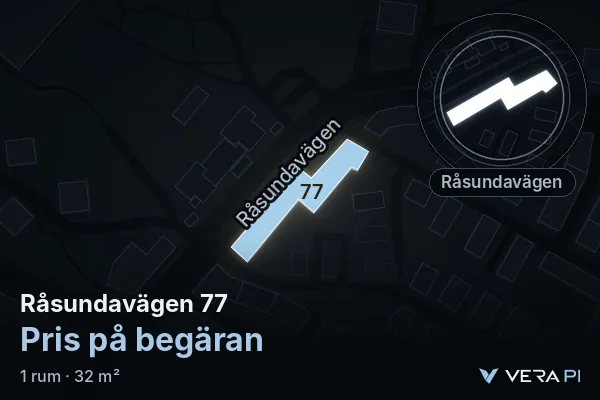 VERA PI:s bild av Råsundavägen 77: huset i 3D, upplyst i blått, och kartan runt omkring
