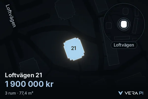 VERA PI's image of Loftvägen 21: the building in 3D, lit in blue, and the map around it