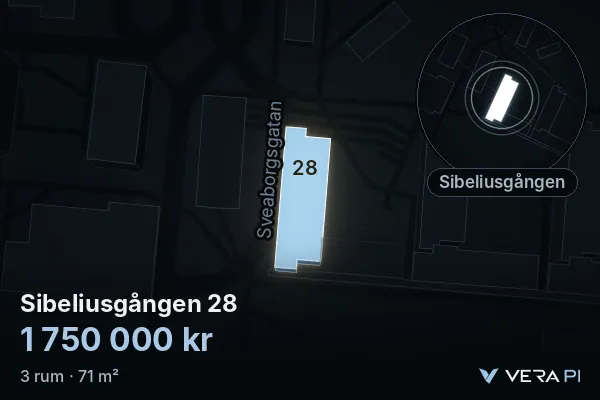 VERA PI:s bild av Sibeliusgången 28: huset i 3D, upplyst i blått, och kartan runt omkring