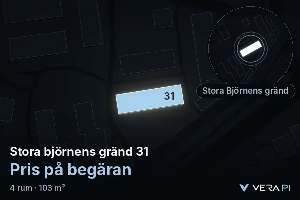 VERA PI's image of Stora björnens gränd 31: the building in 3D, lit in blue, and the map around it