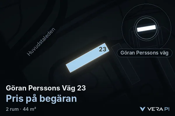 VERA PI:s bild av Göran Perssons Väg 23: huset i 3D, upplyst i blått, och kartan runt omkring