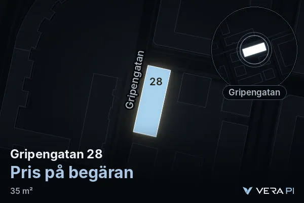 VERA PI's image of Gripengatan 28: the building in 3D, lit in blue, and the map around it