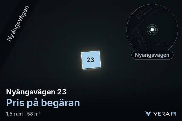 VERA PI's image of Nyängsvägen 23: the building in 3D, lit in blue, and the map around it