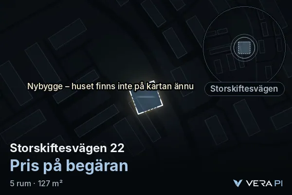 VERA PI's image of Storskiftesvägen 22: the building in 3D, lit in blue, and the map around it