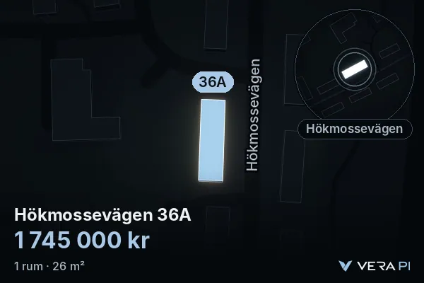 VERA PI's image of Hökmossevägen 36A: the building in 3D, lit in blue, and the map around it